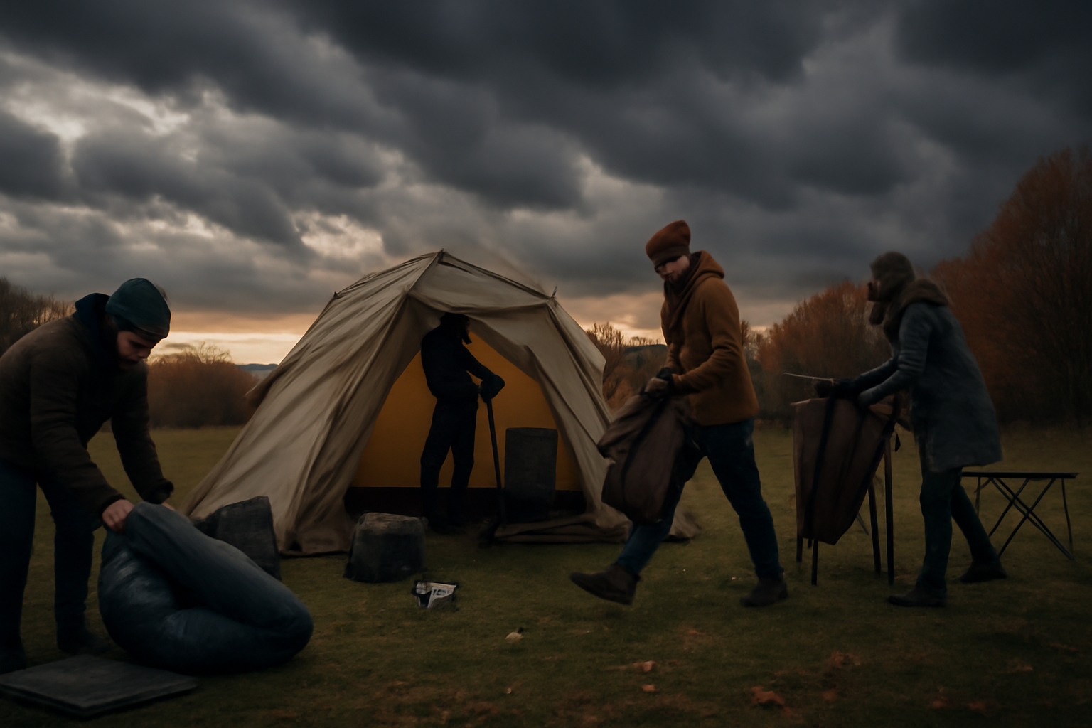 ベランピング:荒天時は無理せず撤収を検討する様子を示す夕暮れのキャンプ場の光景