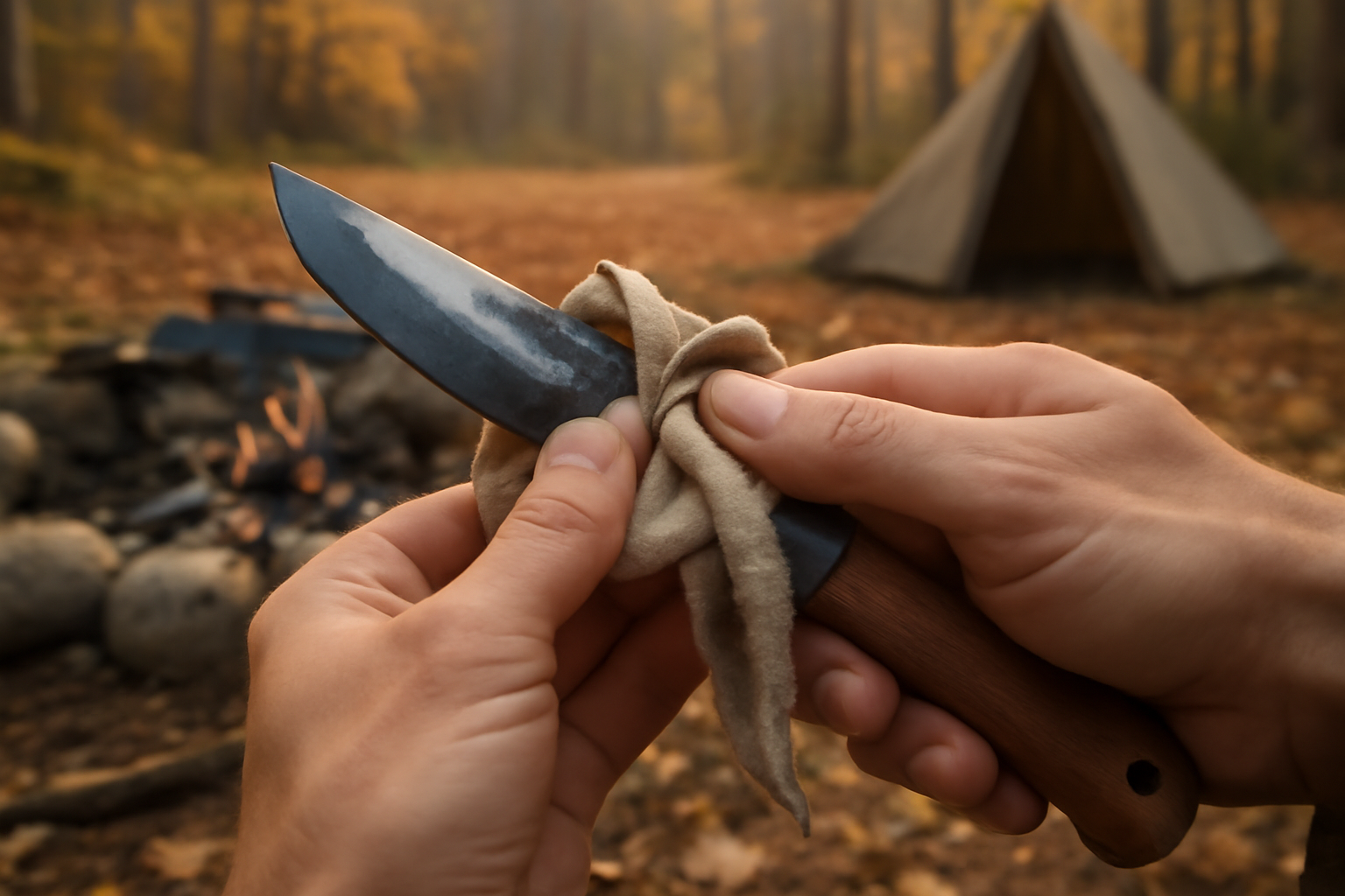 ナイフの手入れ風景:秋の朝、焚き火跡近くで布と油で刃を拭うクローズアップ