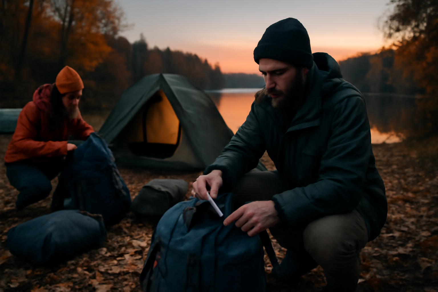 アウトドアナイフ 迷わず持ち出せるコンパクトなナイフを夕暮れの湖畔で準備する場面を示す画像