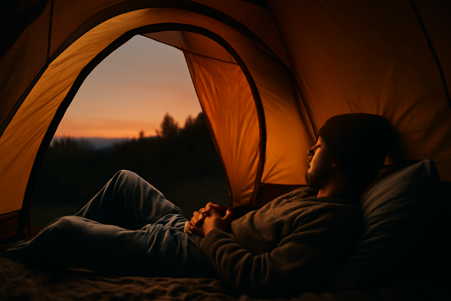MEDIHEAL 夜の休息に寄り添うイメージ、夕暮れのテント内でくつろぐ姿を横長で描いた写真的な表現