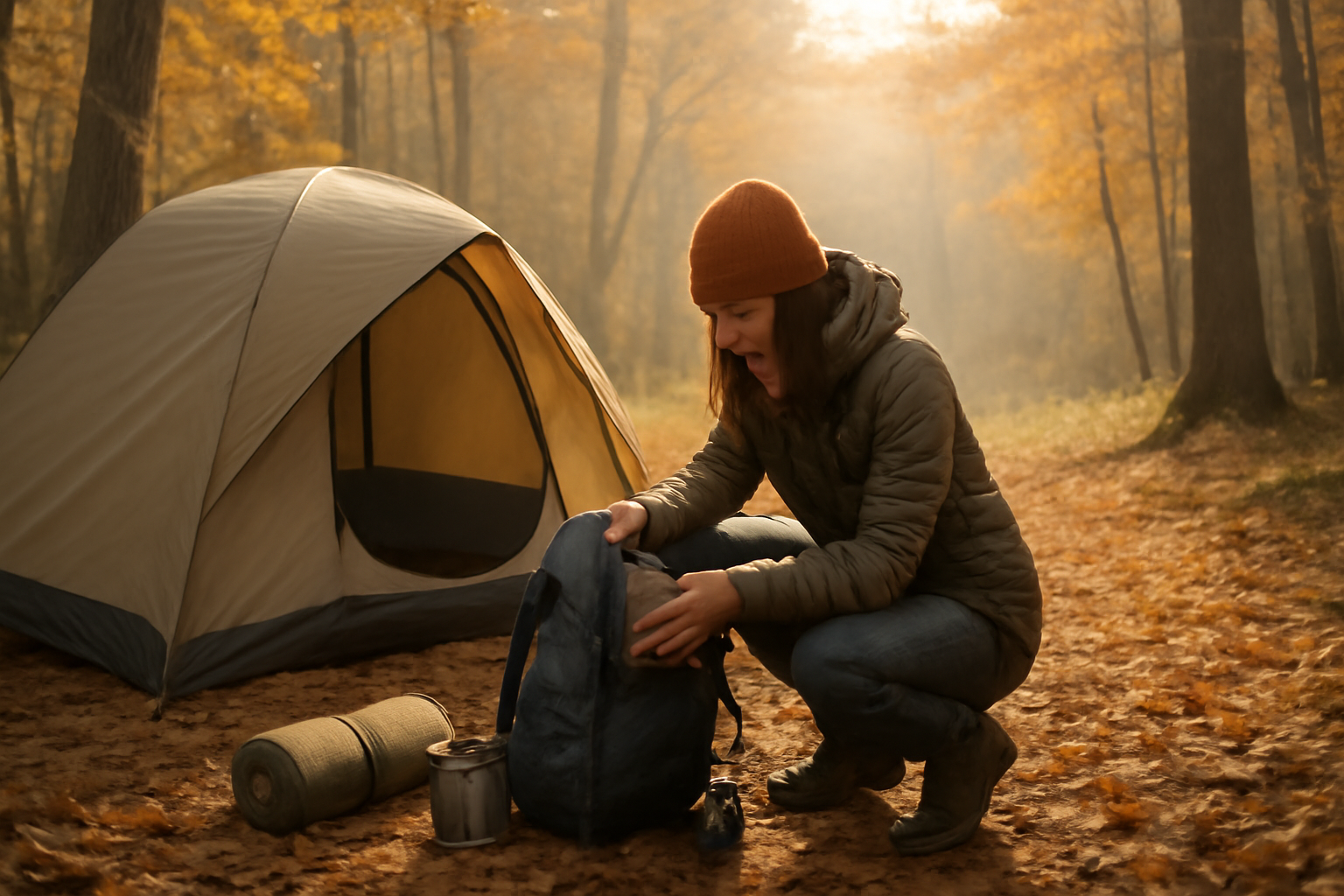 キャンプ やさしい言葉で準備を整える様子を表すイメージ、朝の森で装備を整える風景