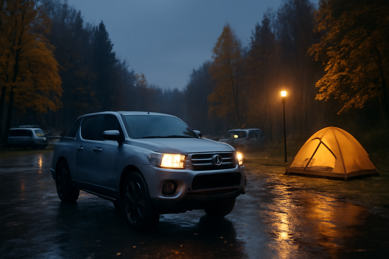 ハイラックスが雨天の駐車場で代替ルートと準備を促す情景、夕暮れで広角に撮影された写真