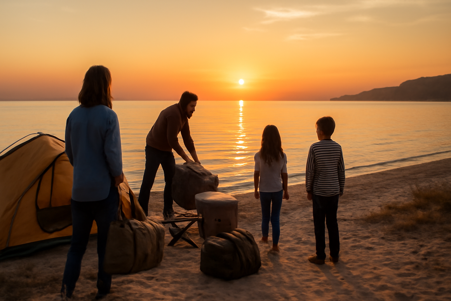 キャンプ 参加前に高台へ避難するイメージ。夕暮れの海辺で安全確認をする様子を描写