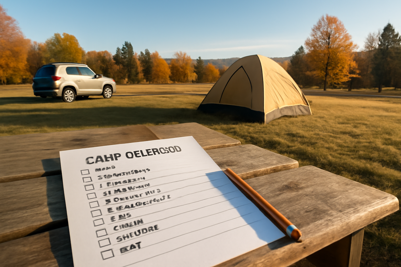 ワゴンNX 出発前のチェックリストが載ったピクニックテーブルに置かれた光景。秋の朝、晴天で広いキャンプ場が見える構図。