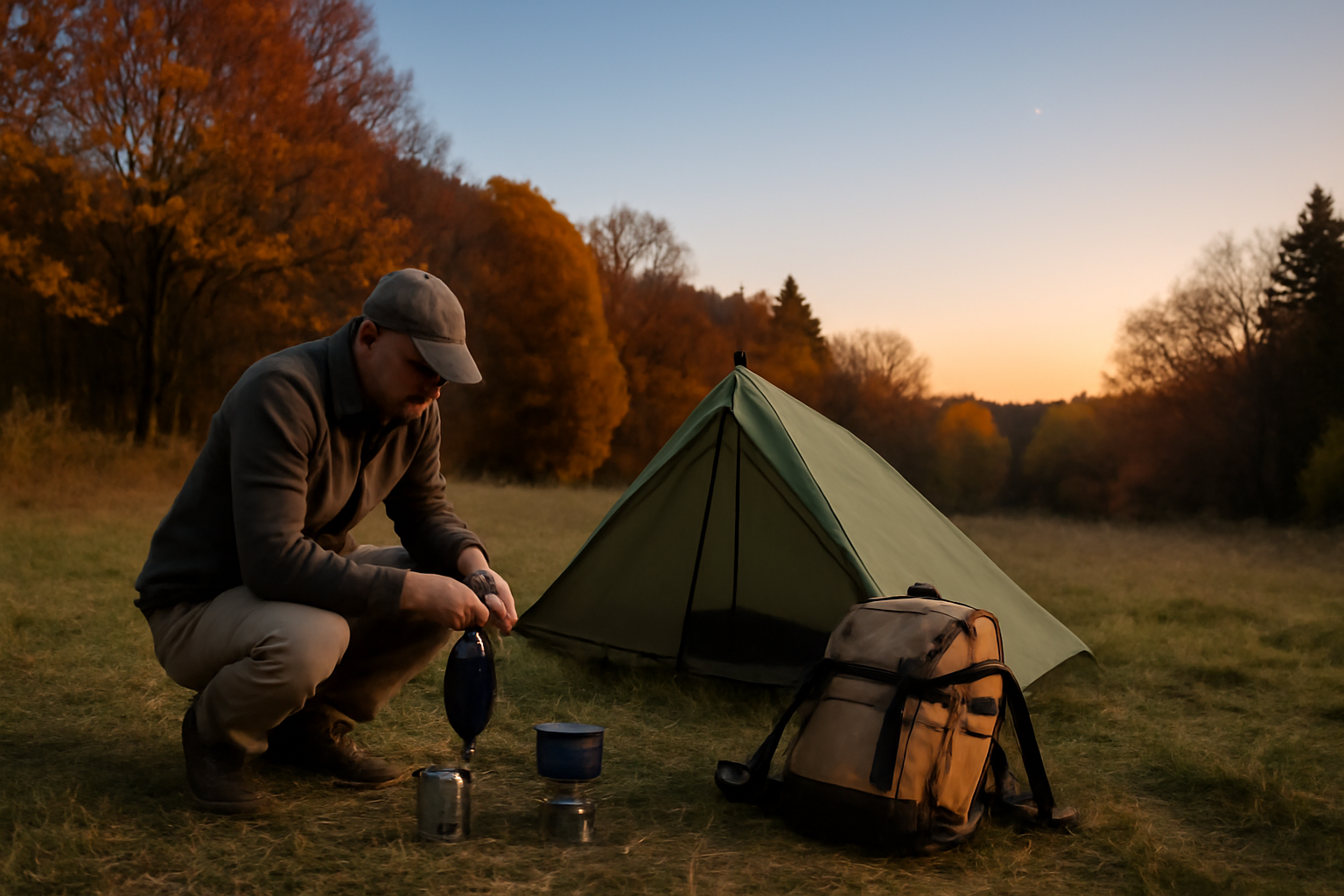 ソロキャンプ 荷物を軽くし一泊から試すシーン、秋の夕暮れキャンプ場で準備する様子を示す写真