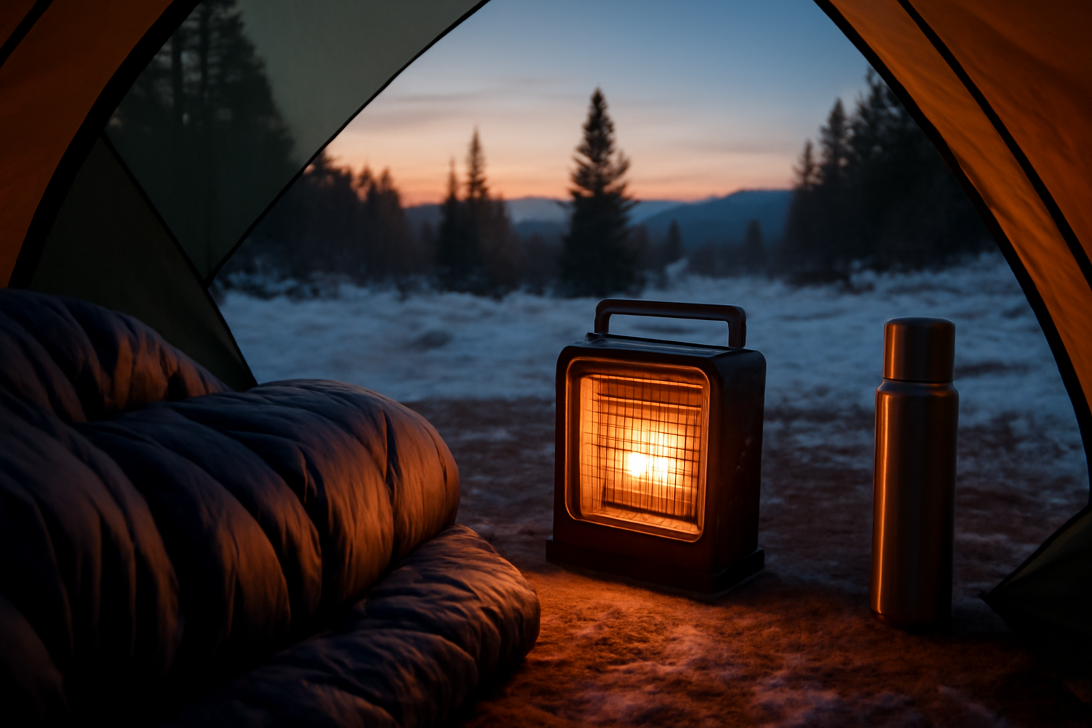 寝袋 寒い夜のキャンプで湯たんぽや真空ボトルで保温をするシーンを表現した写真。安心感を与える構図。