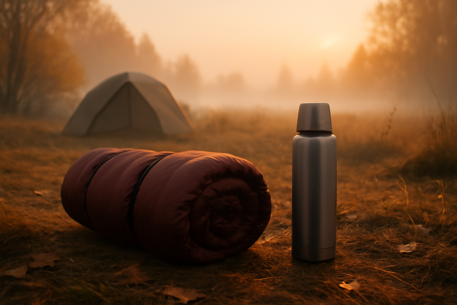 寝袋 朝の霧に包まれたキャンプサイトで、真空ボトルと一緒に温かさを準備するワンシーンを表現した画像