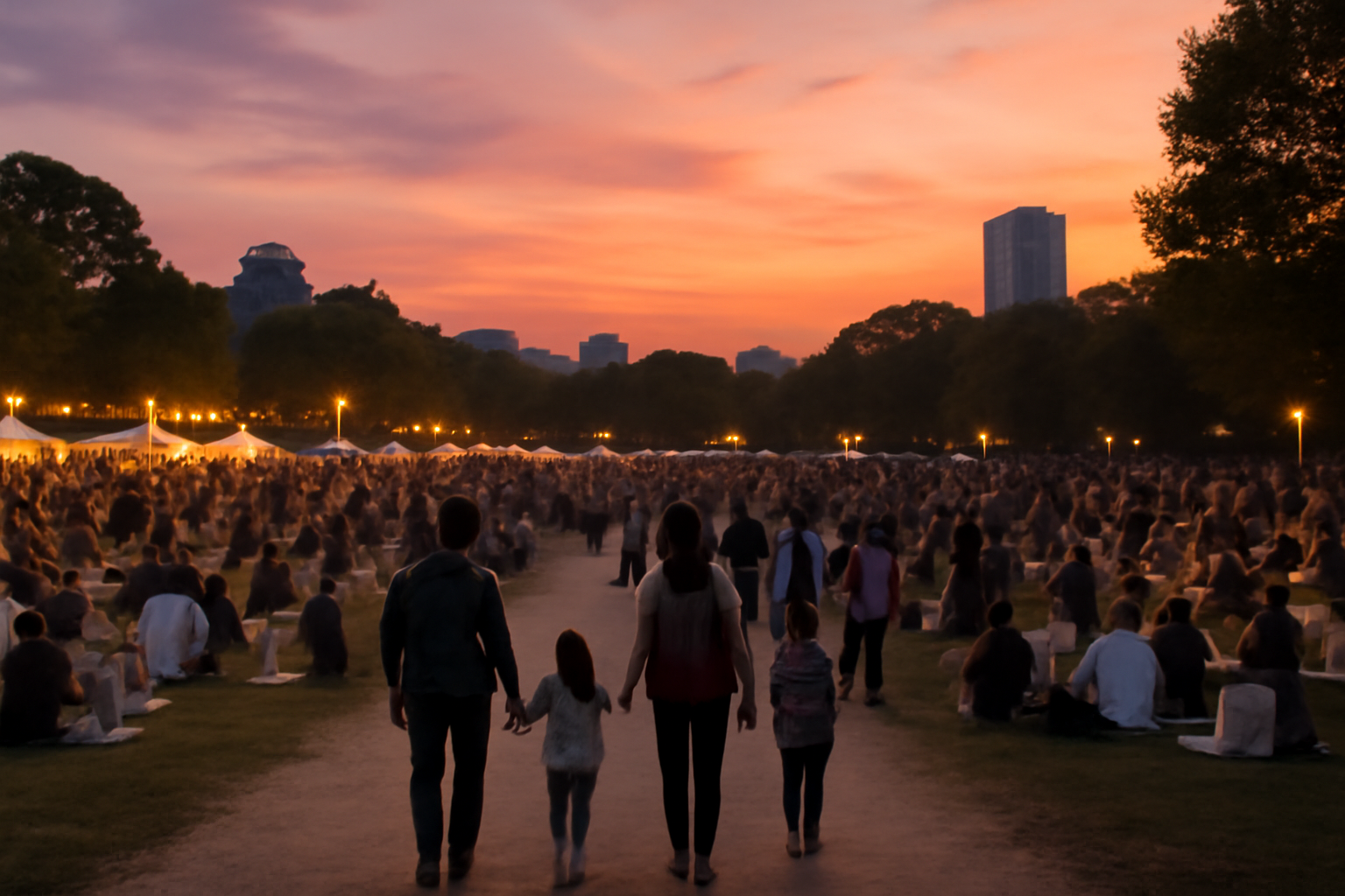 キャンプ 天候や混雑で不安なら予定を柔らかく変えて安全に楽しむ風景。夕暮れの公園で家族が安心して帰路をゆっくり歩く様子を表現した写真です。