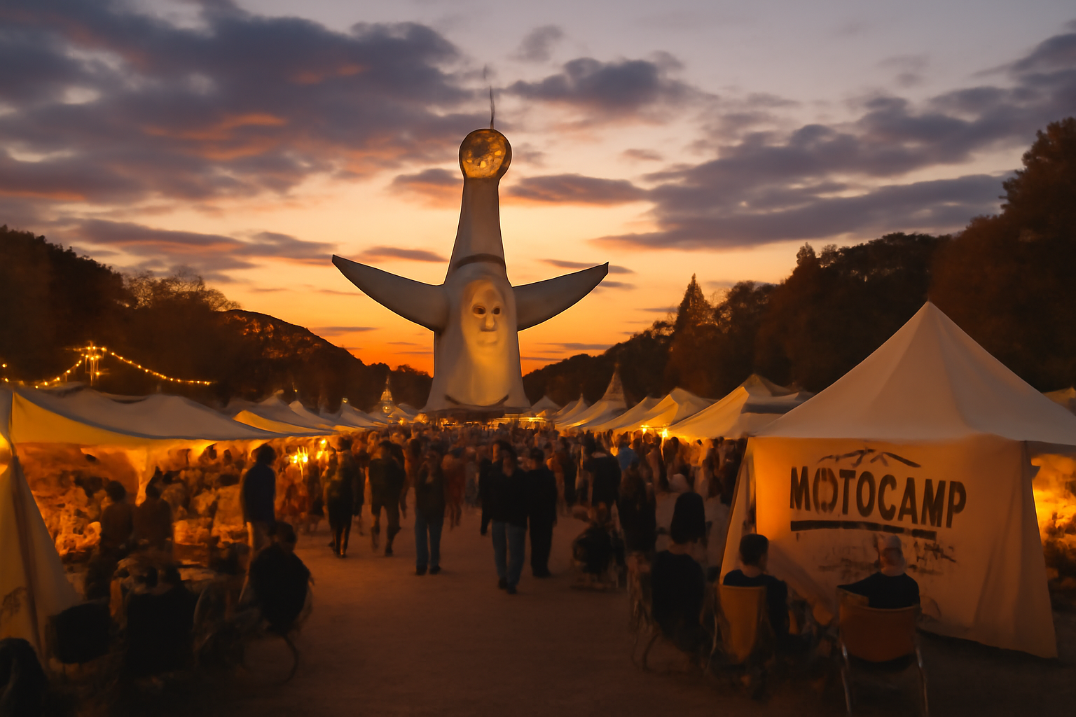 キャンプ MOTOR CAMP EXPO 2025の夕暮れの会場風景、万博記念公園でにぎわう屋外展示の情景