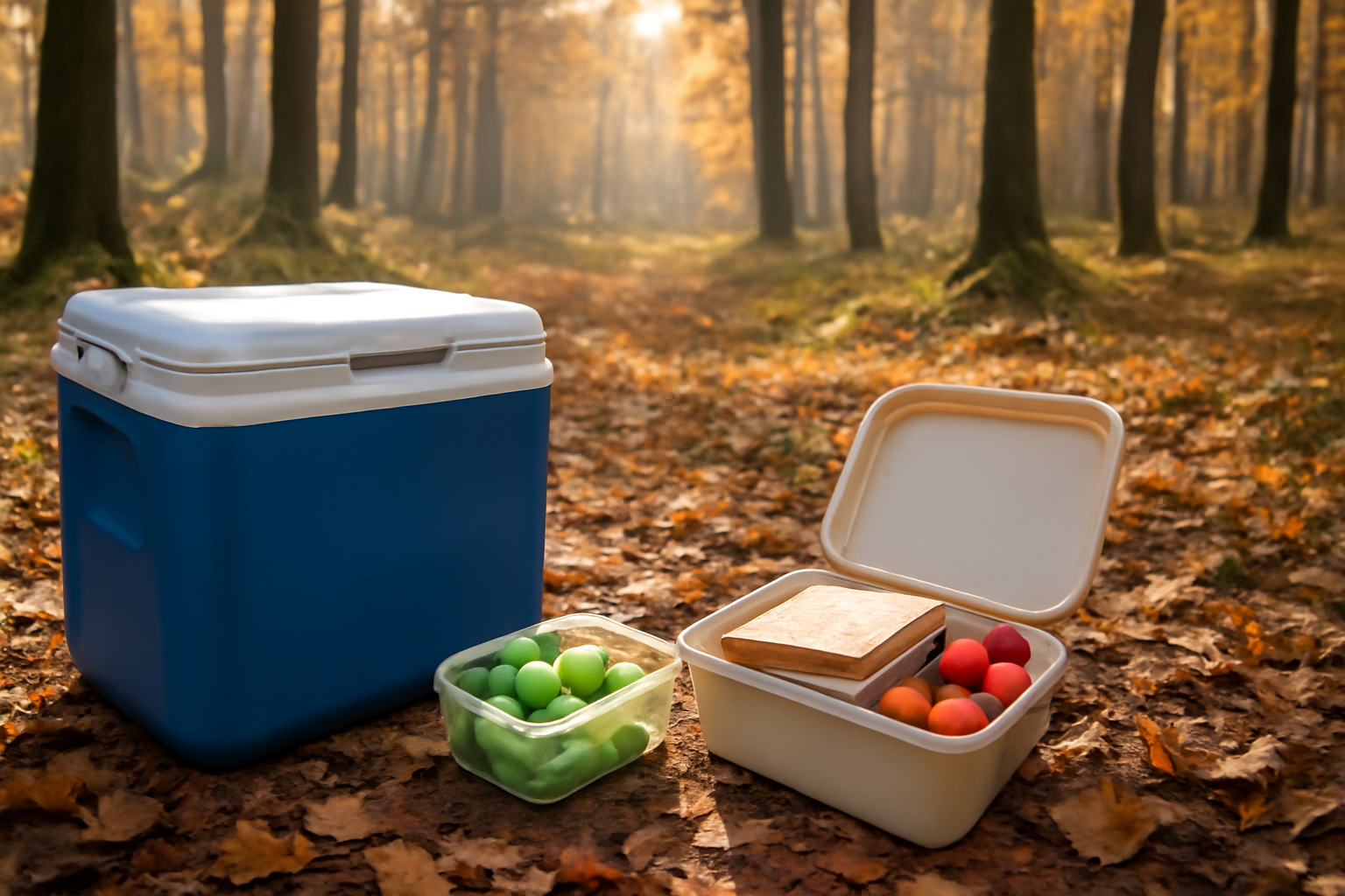 クーラーを車に積んで秋の林間で朝食を楽しむ、保冷と衛生を意識した準備風景