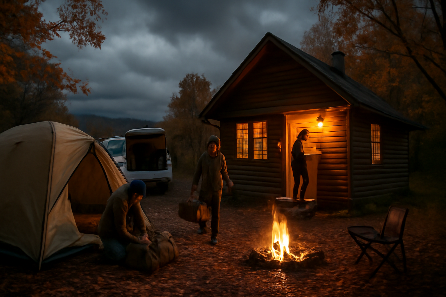 スターキャンプ：荒天時にコテージに切り替える参加者が荷解きする夕暮れの光景