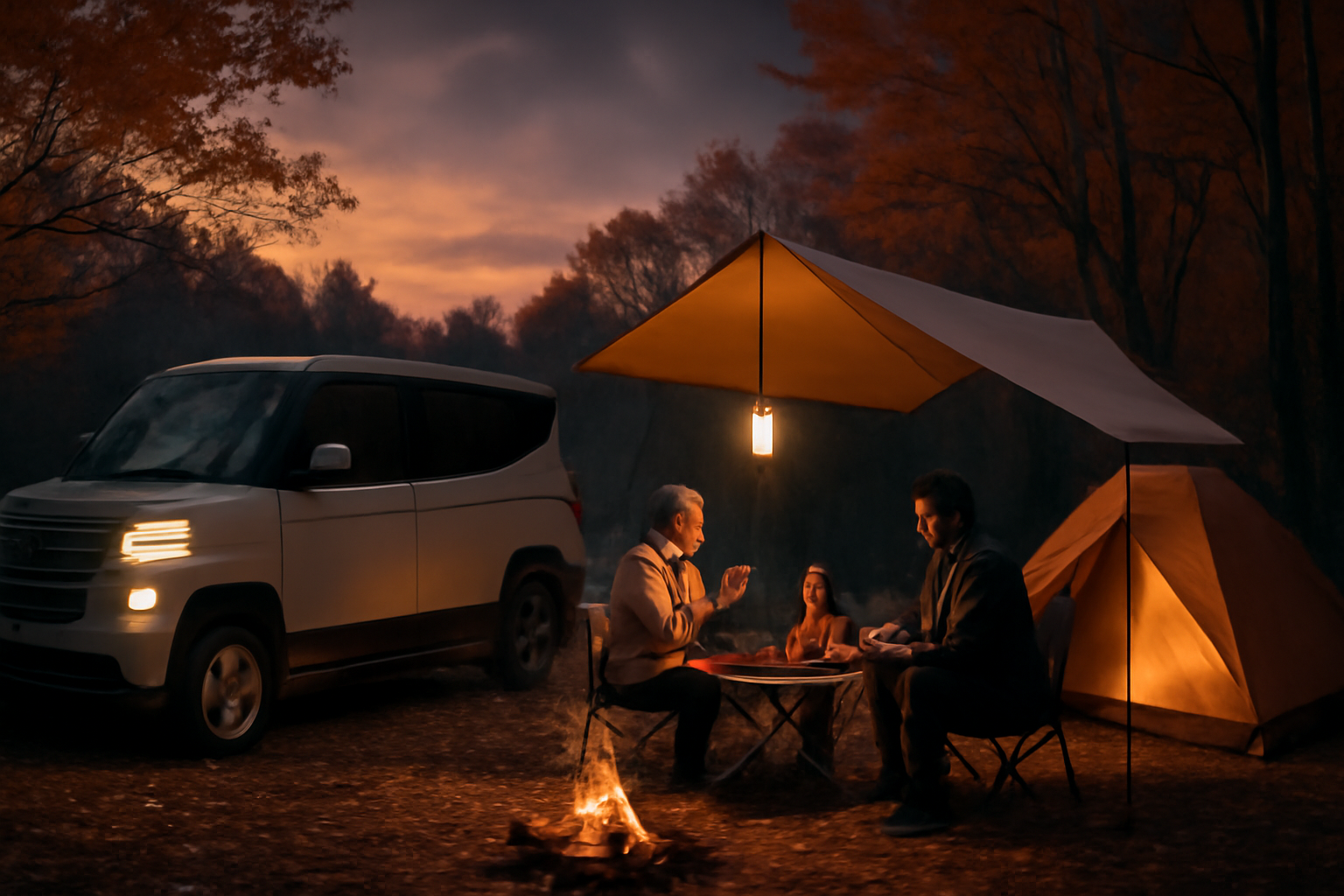 デリカミニでの急な天候変化時に備える代替案を示す夕暮れのキャンプ場風景。家族が代替プランを話し合う様子。