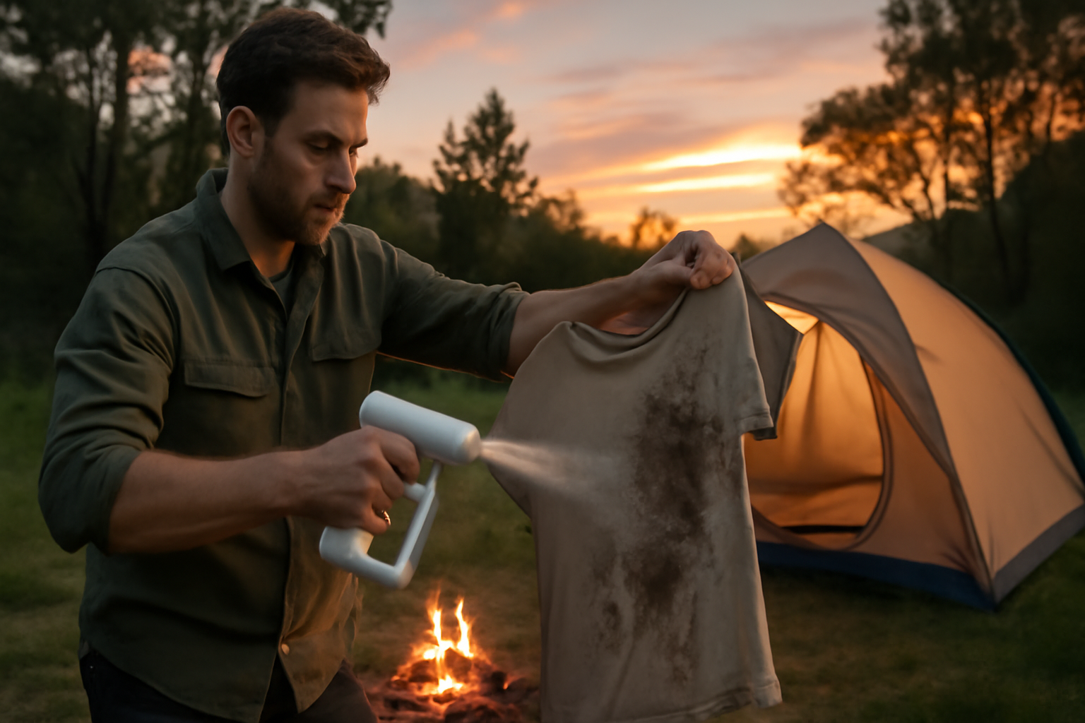 ハンディエアを使って短時間で泥汚れを落とすイメージ。夕暮れのキャンプ場で安心して使える姿を示す。