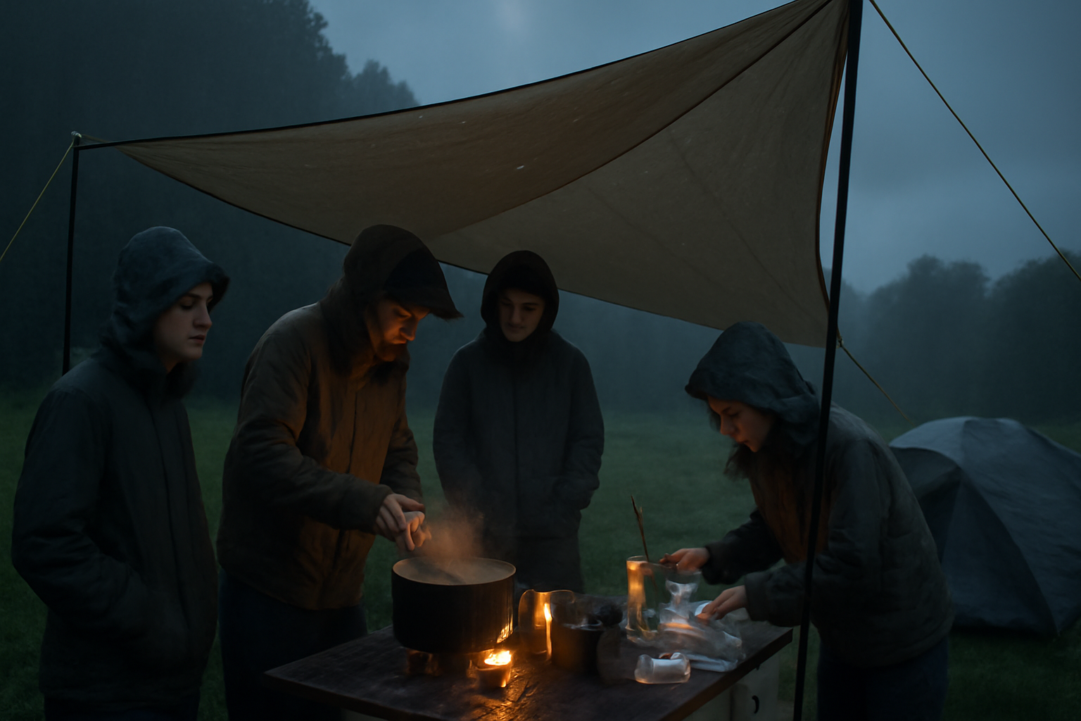 タープ キャンプの悪天候時に代替案を検討する様子、夕方で曇天のアウトドア準備風景を示す説明的な画像