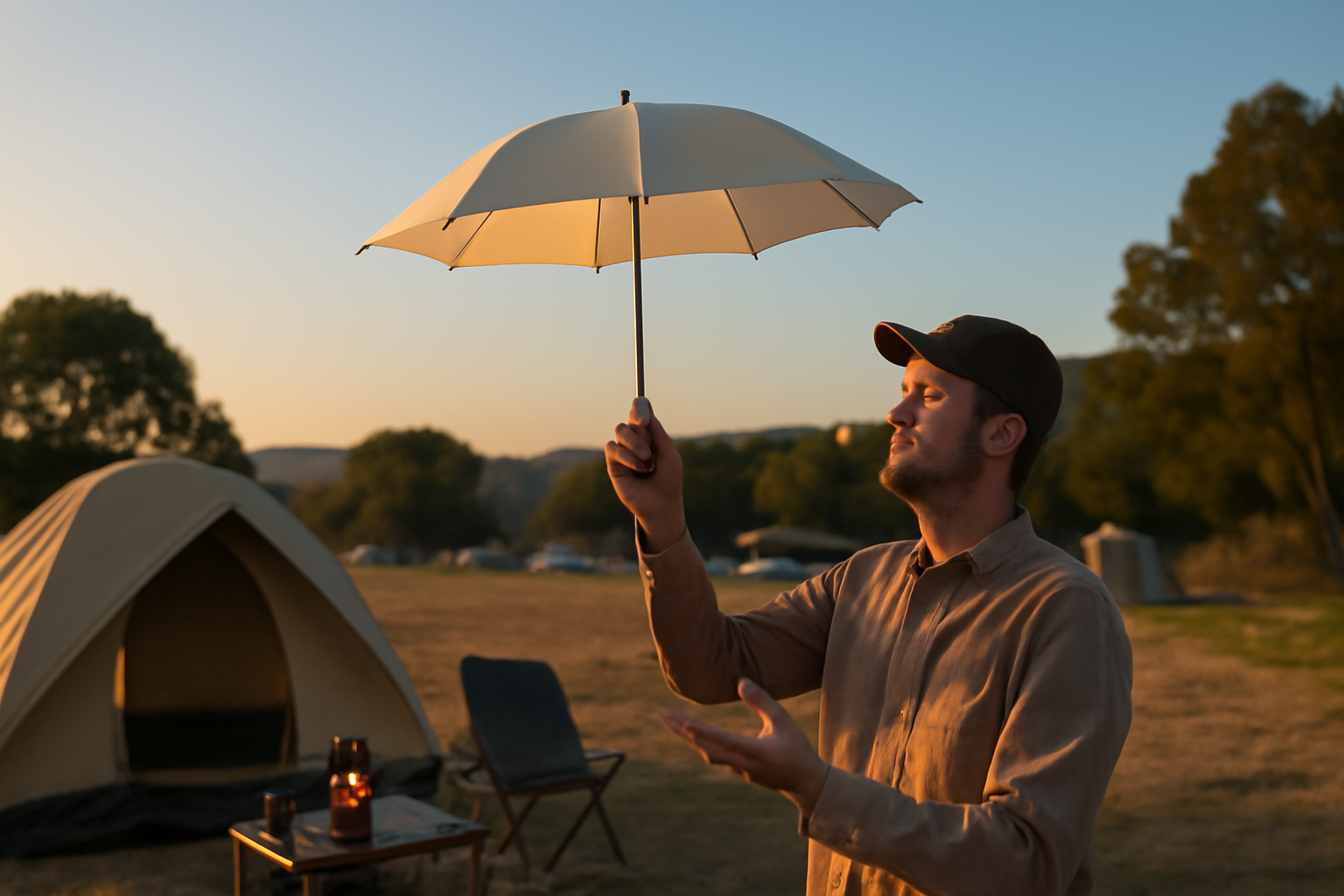 日傘 小さな日傘を試す様子、夕方のキャンプサイトで穏やかに過ごすワンシーンを描いた写真