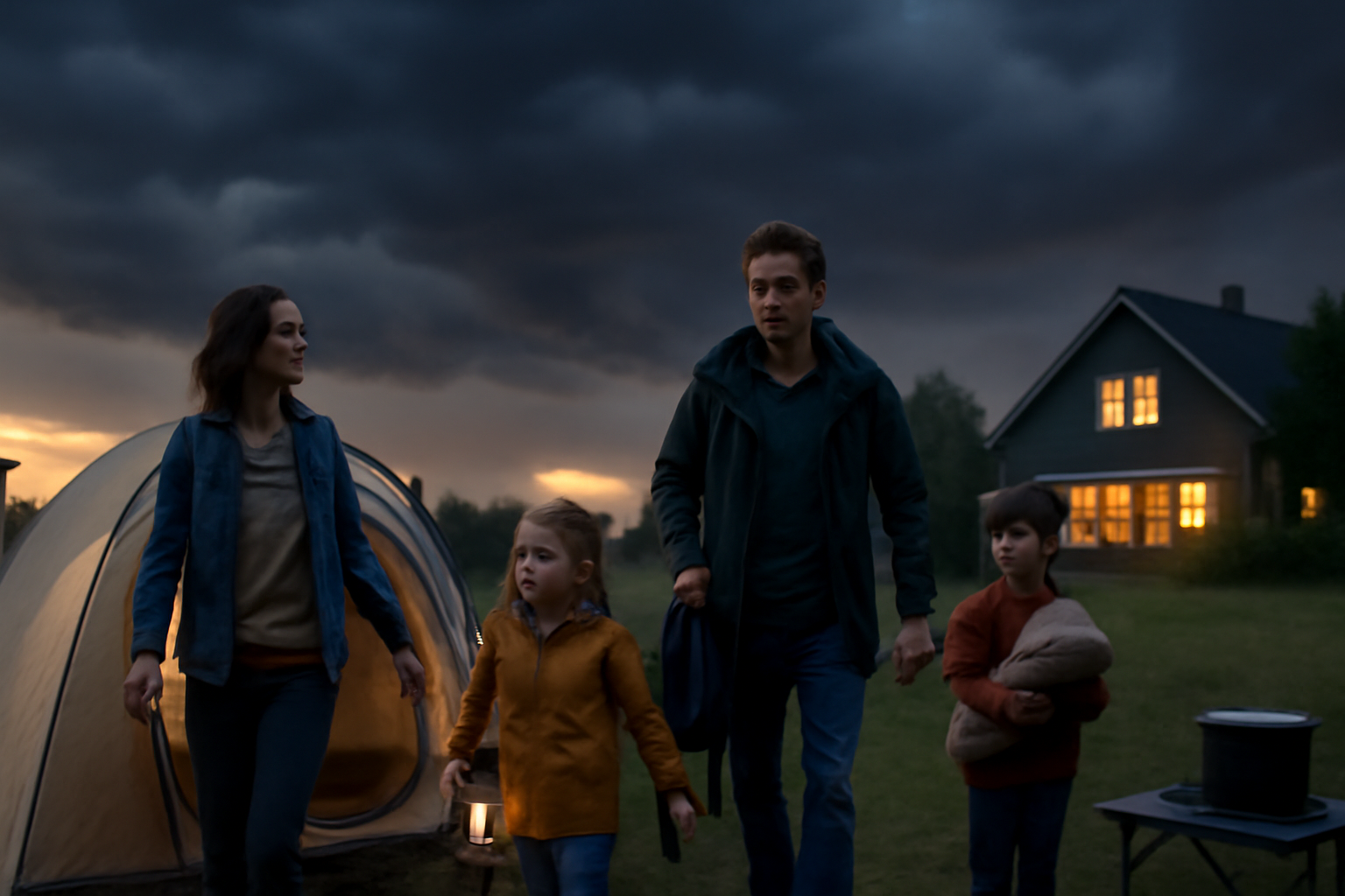 キャンプ 屋外での天候変化を見据えつつ室内へ切替える準備をする様子を表す画像