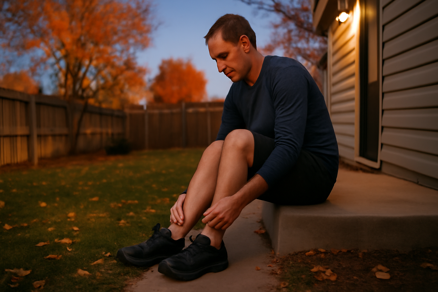 トレシュー 裏庭で短時間試着する夕暮れの様子。無理せず履き心地を確かめるシーンを写した写真。