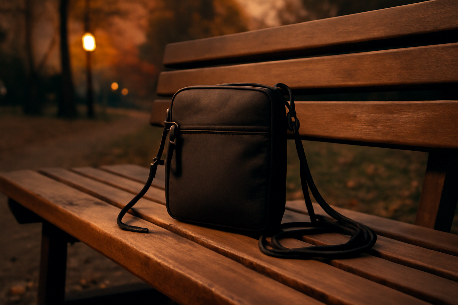 サコッシュ：夕暮れのベンチに置かれたTopologieサコッシュ。出発直前の落ち着いた空気感と持ち物の整理イメージを伝える構図。