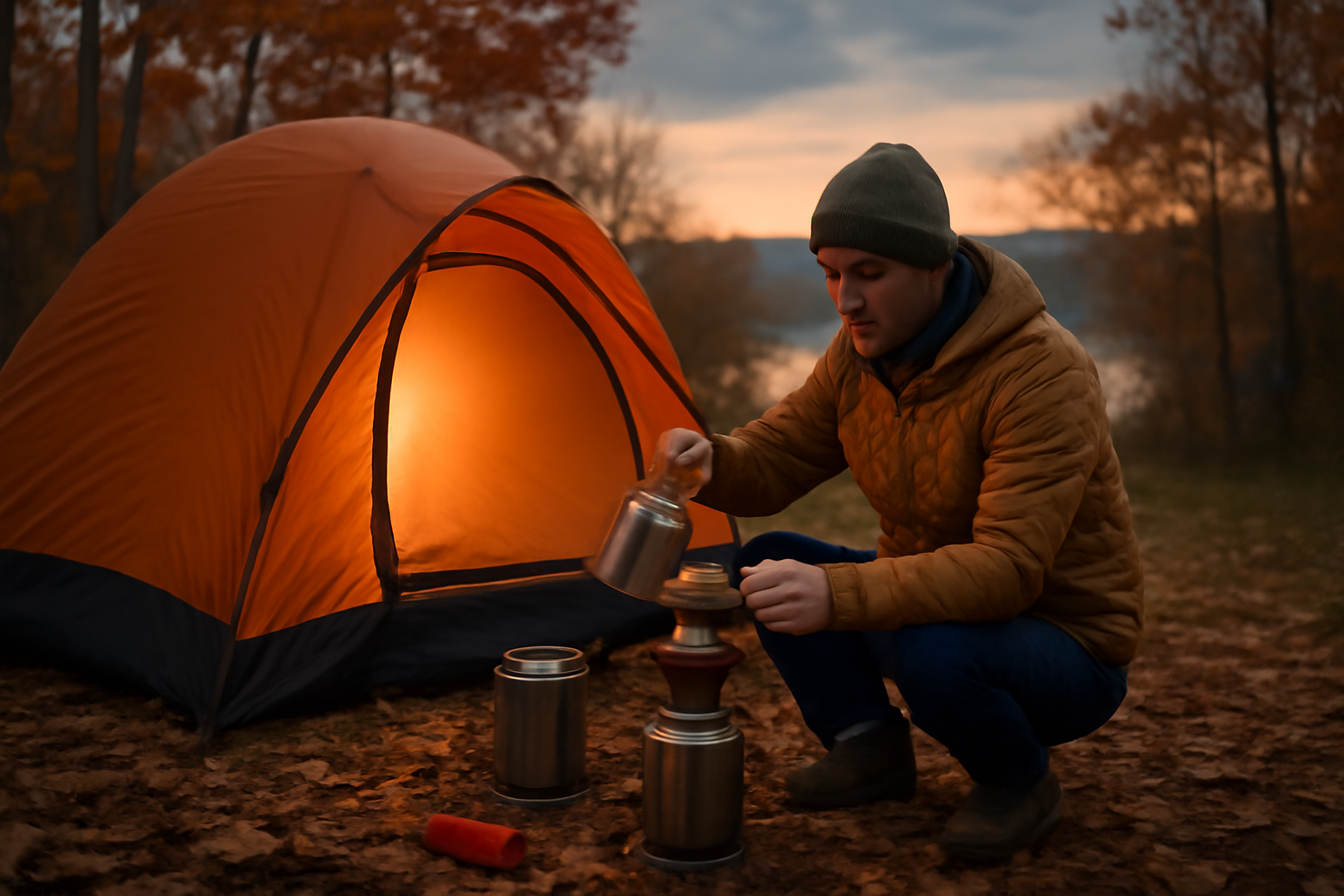 キャンプ 朝の準備をする場面。安全に楽しむために出発前にチェックリストを整えようという情景。