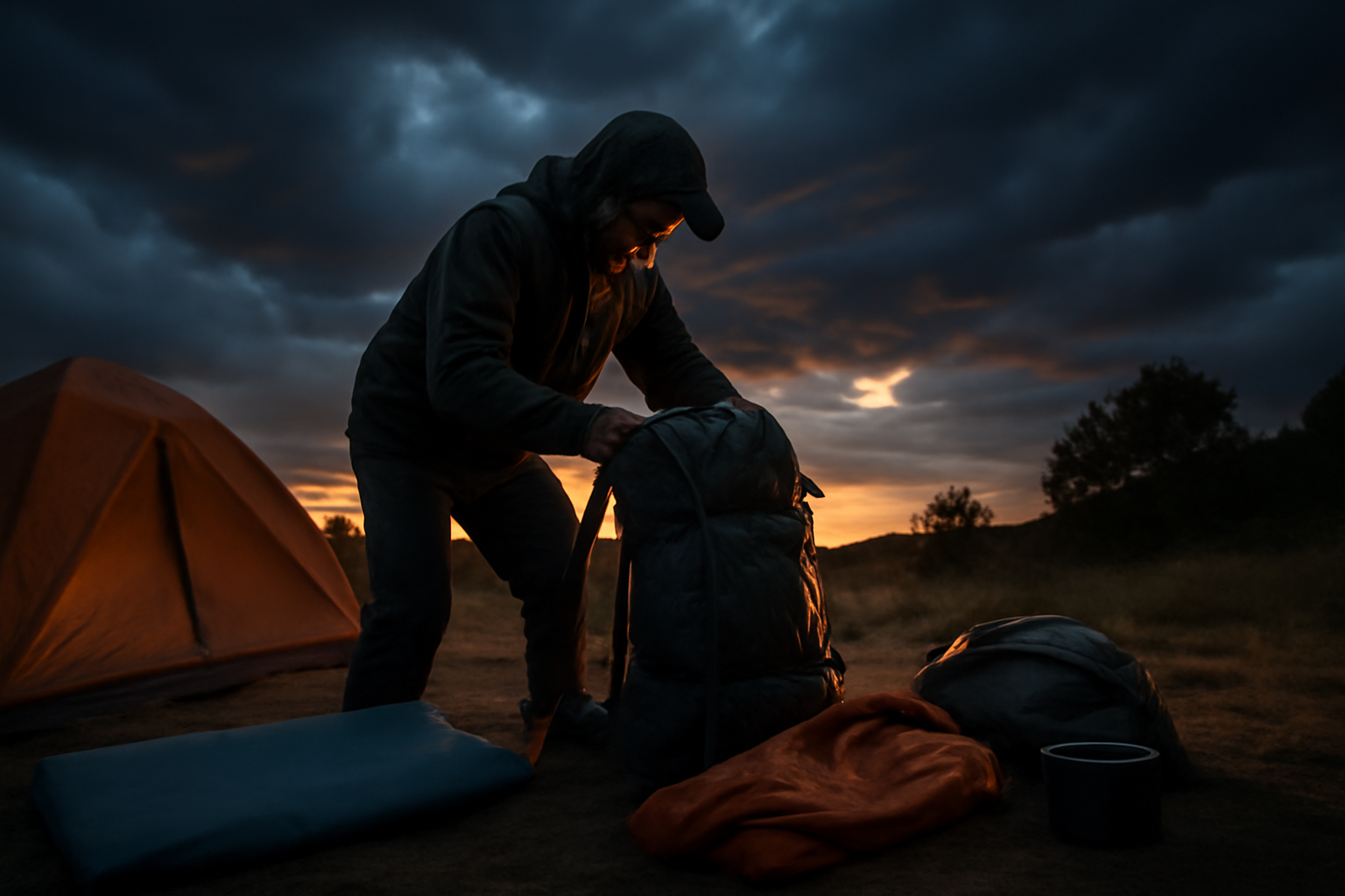 着るバッグでの緊急撤収準備の様子。夕暮れのサイトで速やかに撤収を判断し荷物をまとめる場面を描写