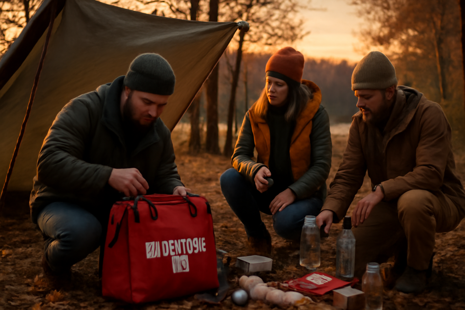 シェルター:災害時の備えとして必要な道具をまとめる姿を夕暮れのキャンプ場で示したビジュアル