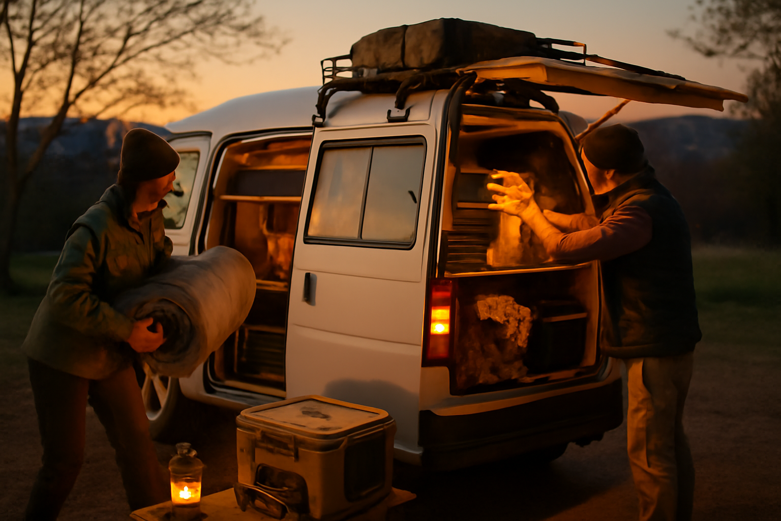 サンバーを使った車中泊の準備例を示す夕暮れのキャンプ場風景、効率的な積載と安全対策を視覚化