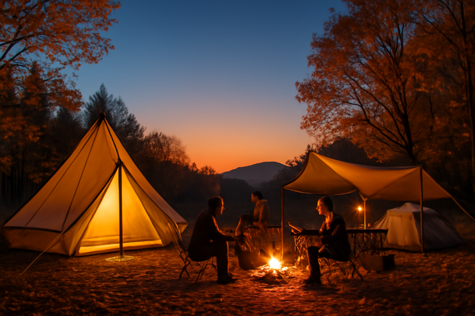 キャンプ飯:荒天時は無理せず施設利用へ切替えを検討する様子を示す夕暮れのキャンプ場イメージ