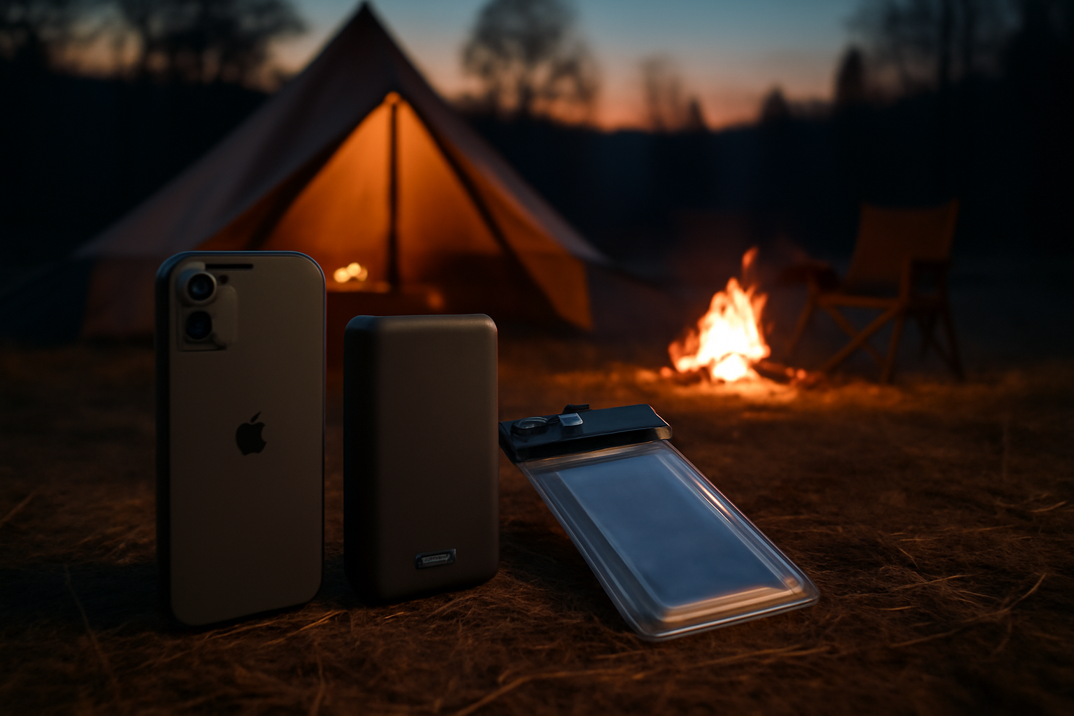 iPhoneAir アウトドア用ケースと携帯用バッテリー、防水ポーチを並べた夕暮れのキャンプサイト写真。安全な運用を視覚化