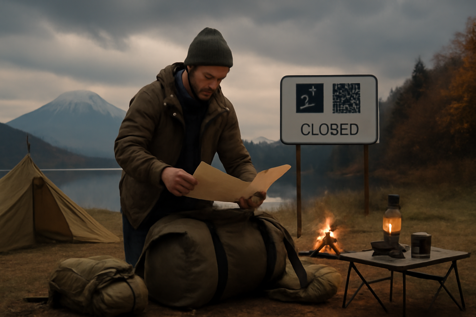 富士閉鎖 計画変更を考えるキャンパーの荷造り風景。秋の夕方、曇天で広角撮影。