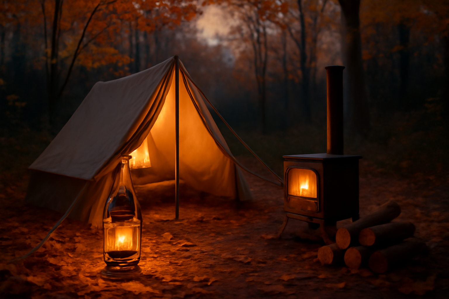 薪ストーブ 次の行動を後押しする一言を表現した夕暮れの小さなキャンプ風景(暖かさと安心感)