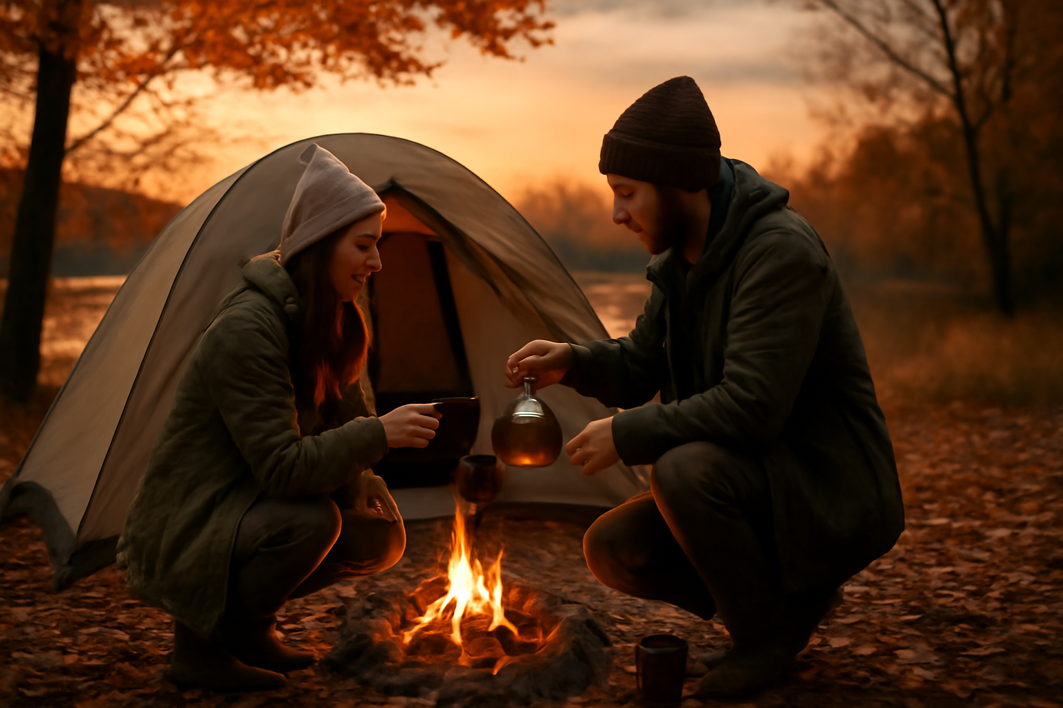 SUGO SUGOのサウナ後に水分補給する様子を想像したビジュアル。秋の夕暮れで落ち着いた雰囲気。