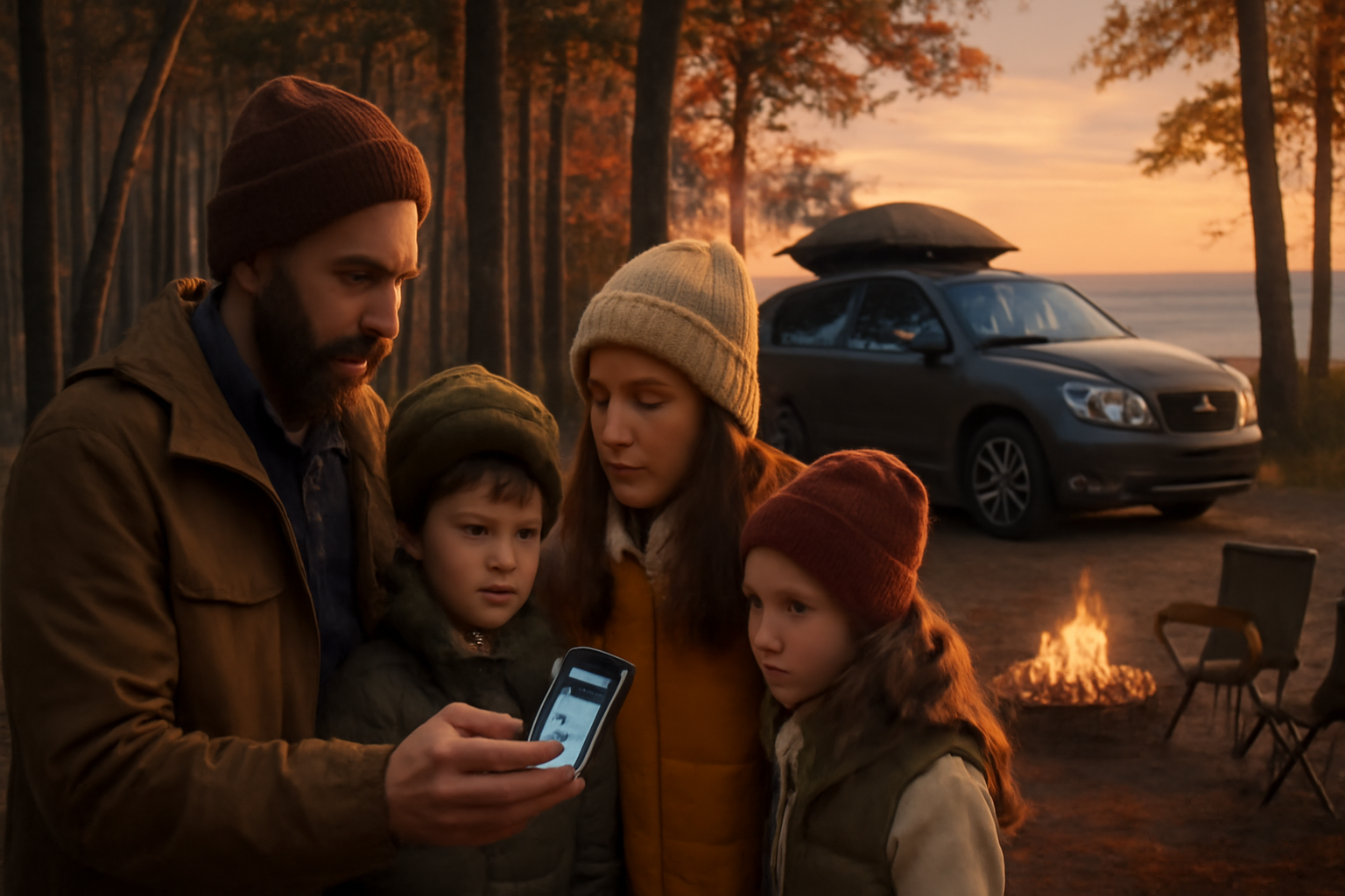 キャンプ場 家族で出発前に天候と交通情報を確認する様子。秋の夕暮れ、公園駐車場でスマホを見ながら準備を整える場面