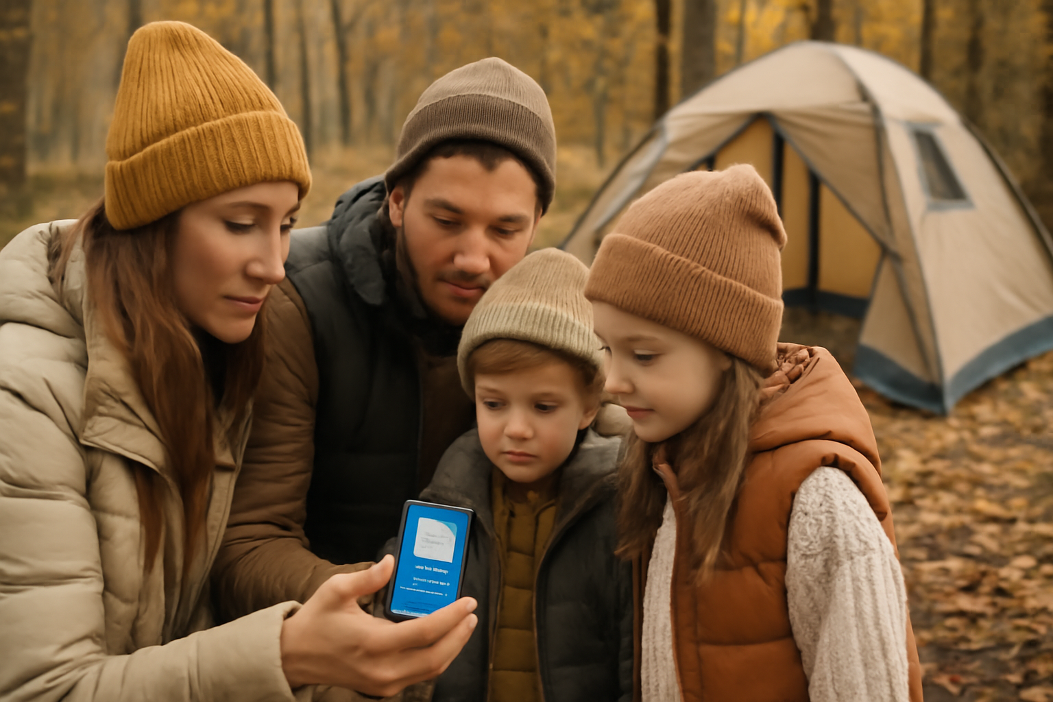 ベジキャン テン場で家族が出発前に天気アプリを確認し安全に旅支度をする様子