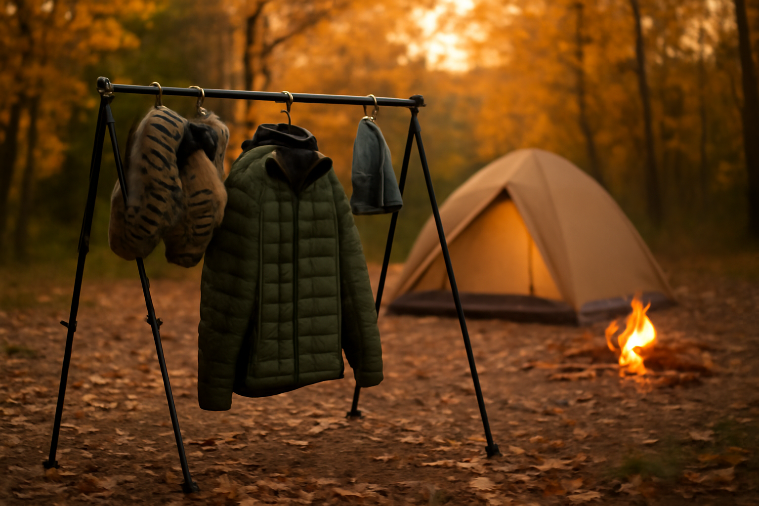 シューズラック:予約の前にスペースを確保して落ち着いて準備する様子を表現した写真。秋の夕暮れ、キャンプ場でのワンシーン。