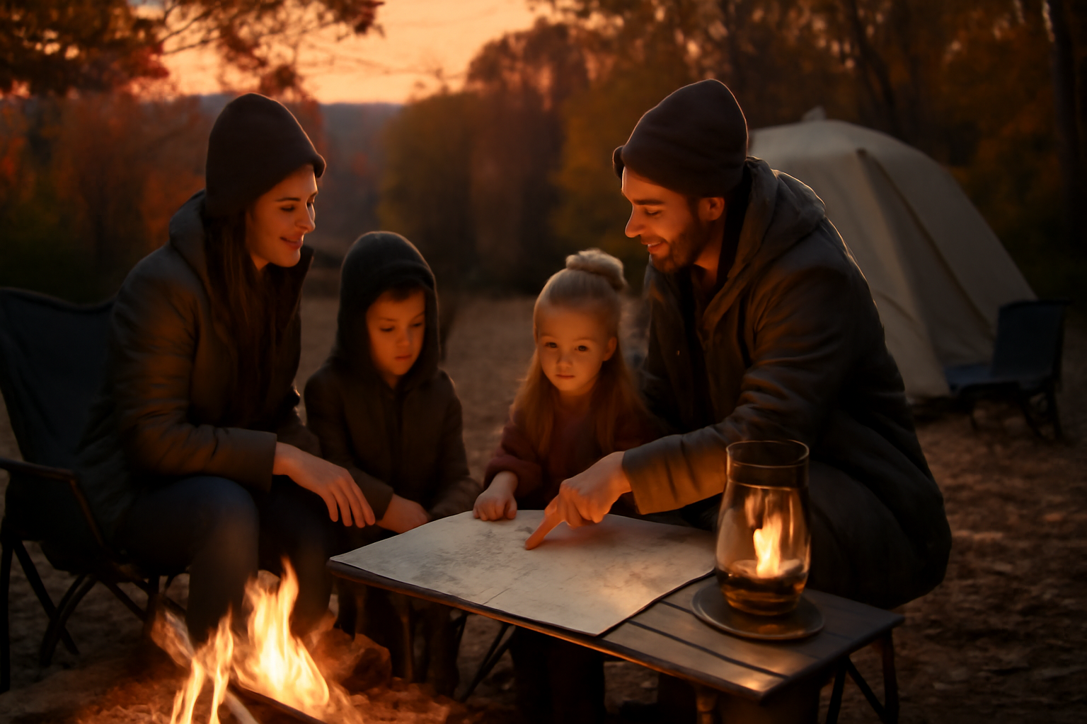 キャンプ 夕暮れのサイトで次の行動をやさしく後押しする光景、家族や仲間が落ち着いて計画を立てる様子を表現