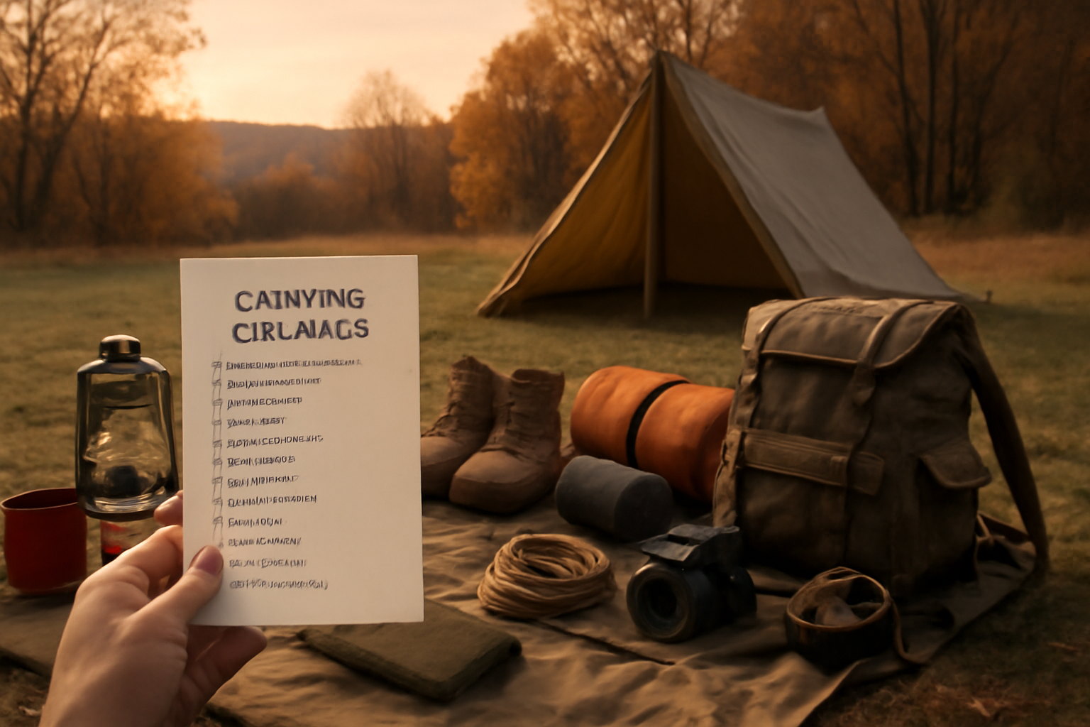 折りたたみの賢い準備をイメージした、秋の午後にゆっくりチェックリストを確認するキャンプシーン。