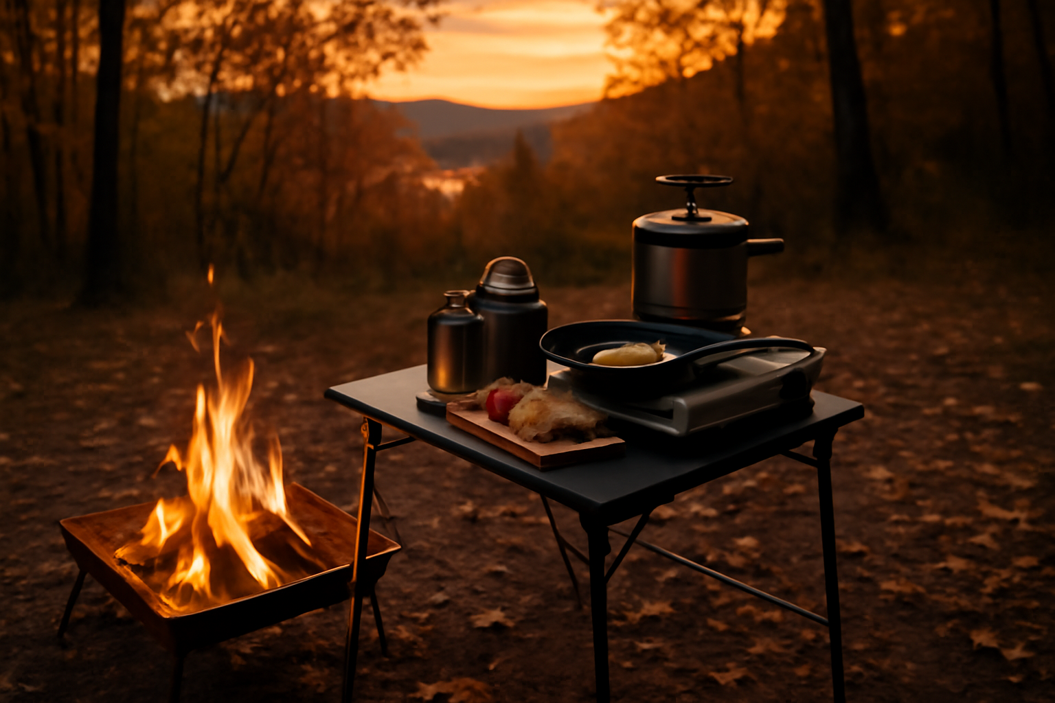 焚き火台：焚き火台とコンパクトな調理テーブルで手軽に調理する秋の夕暮れの風景