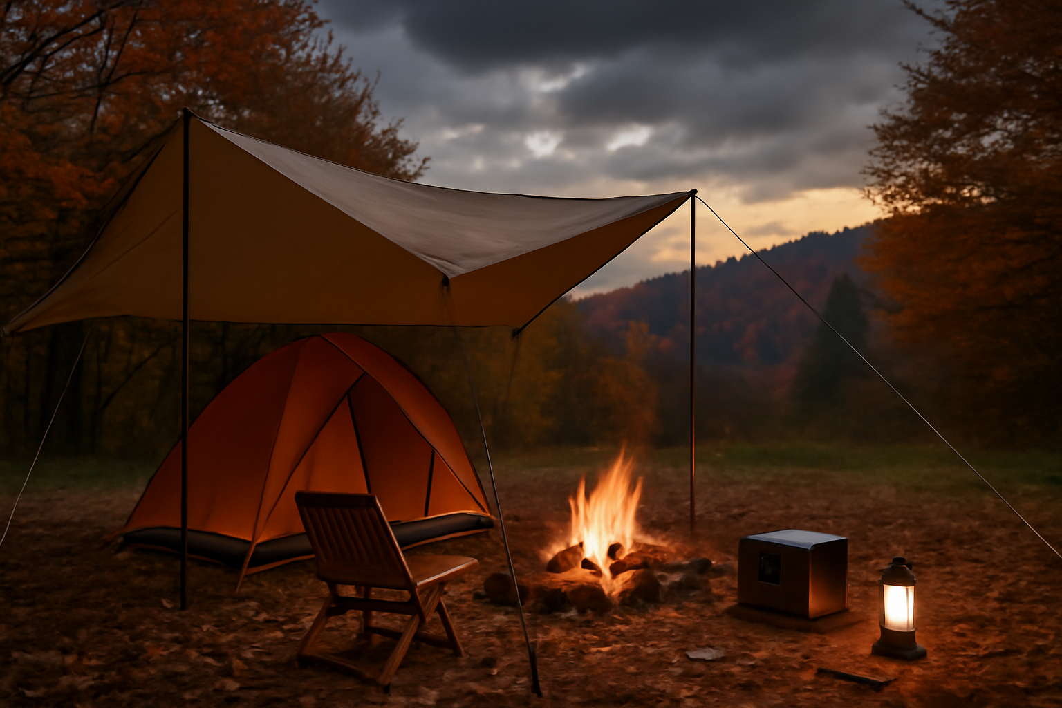 キャンプ 設営の例:夕暮れの曇天での安全なタープとポータブル電源配置のイメージ