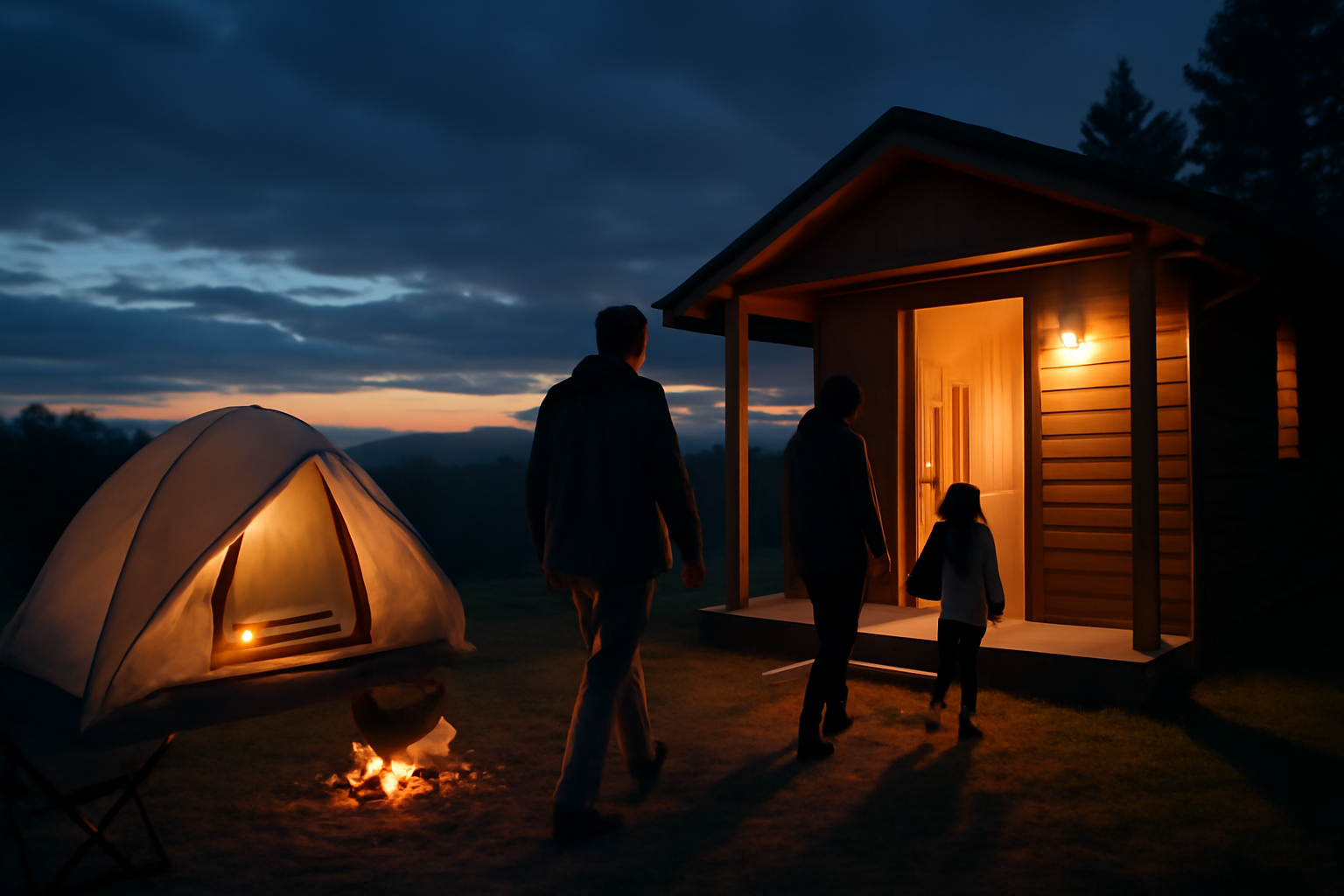 ソロキャンプ:荒天時はコテージや温泉に切替える選択肢を示す夕暮れのキャンプ風景