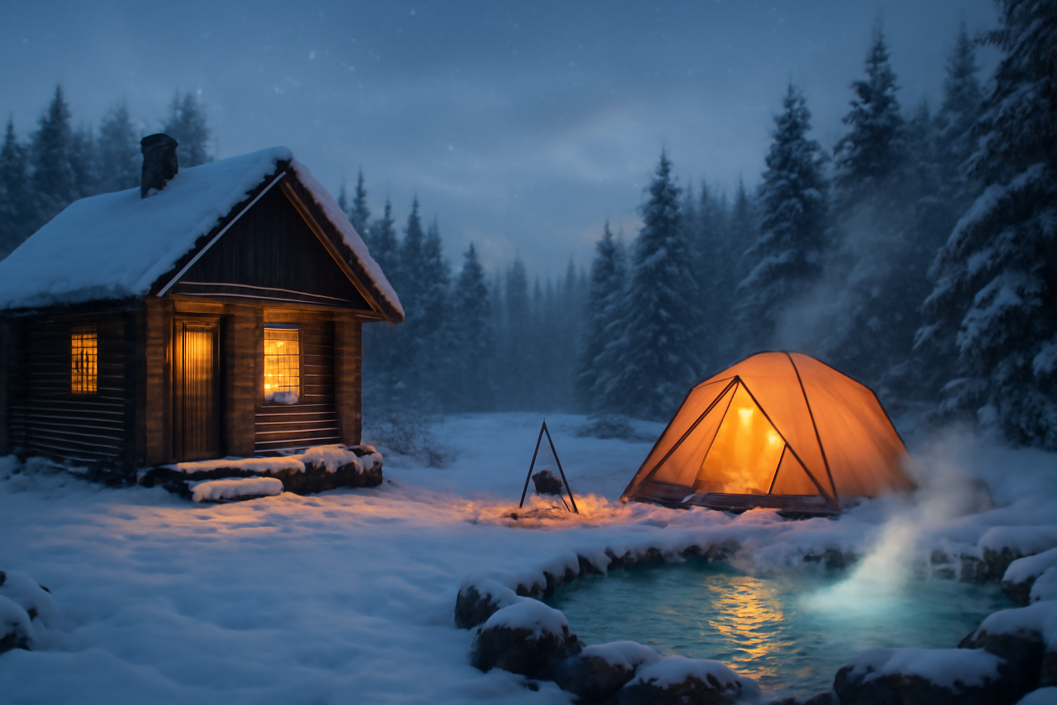 キャンプ 冬は荒天時は宿泊先に切替えを検討する様子。雪の夕暮れにコテージと温泉が並ぶ風景をワイドで