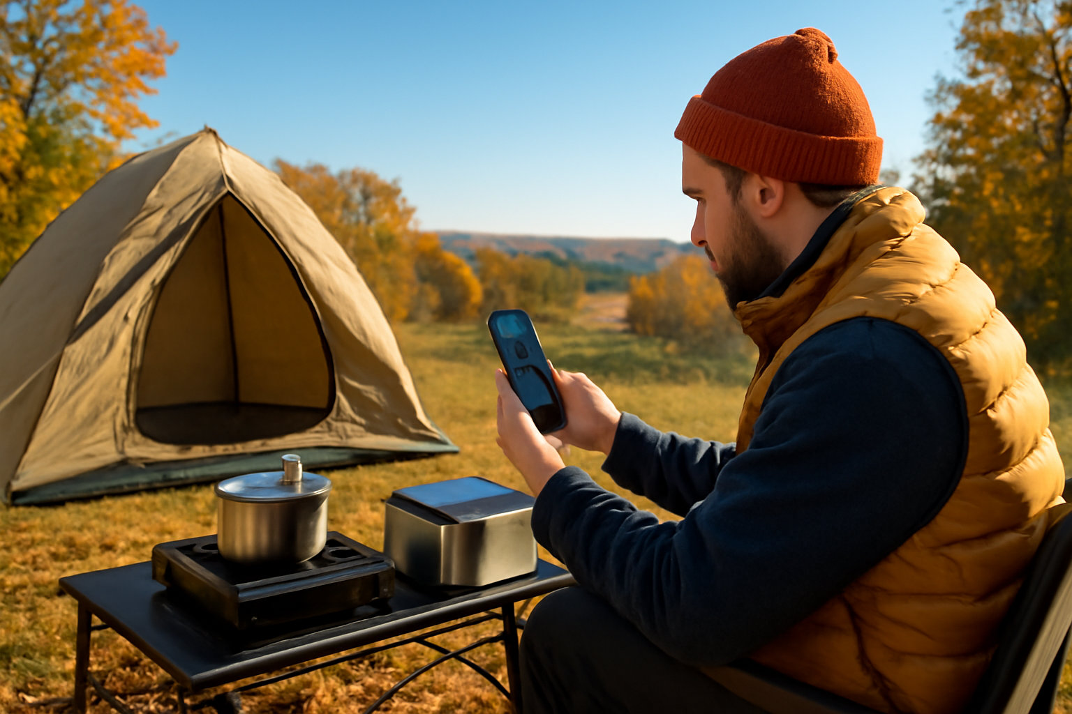 キャンプ飯 出発前に天候と在庫を確認して準備する様子を示した写真、秋の朝で晴天、広角で撮影