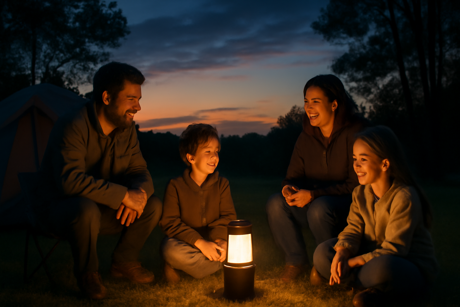 ランタン:夕暮れのキャンプ場で家族がランタンを囲み穏やかに過ごす風景、充電式ランタンで安心している様子を示す
