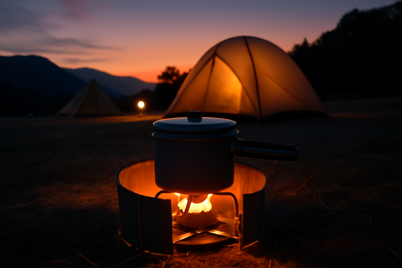 クッカーで始める週末:夕暮れのサイトで小さなクッカーを使い安全に調理するイメージ、やさしい灯りが暖かさを演出