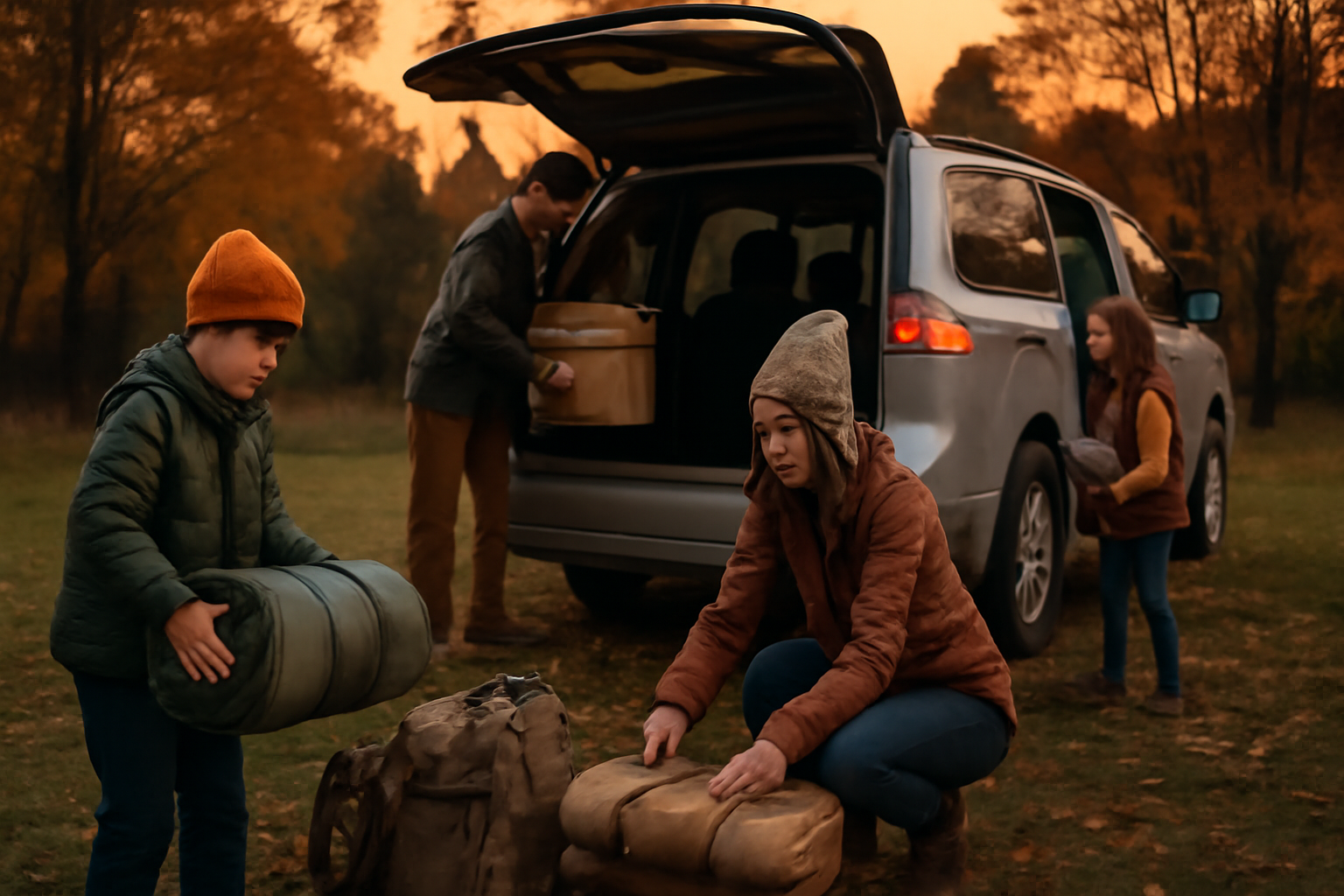 新作ギア キャンプ前の準備風景を示す、秋の夕方に家族が荷物を積む写真で実用性を表現