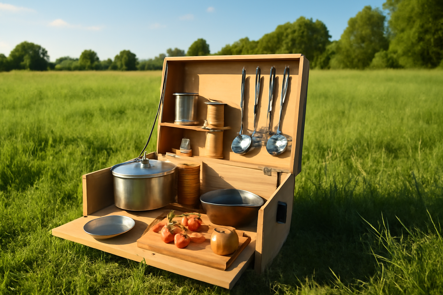 クッカー：ポータブルキッチンボックスを草地に置いた夏の午後の風景、調理用具と食材が並ぶ実用的なイメージ