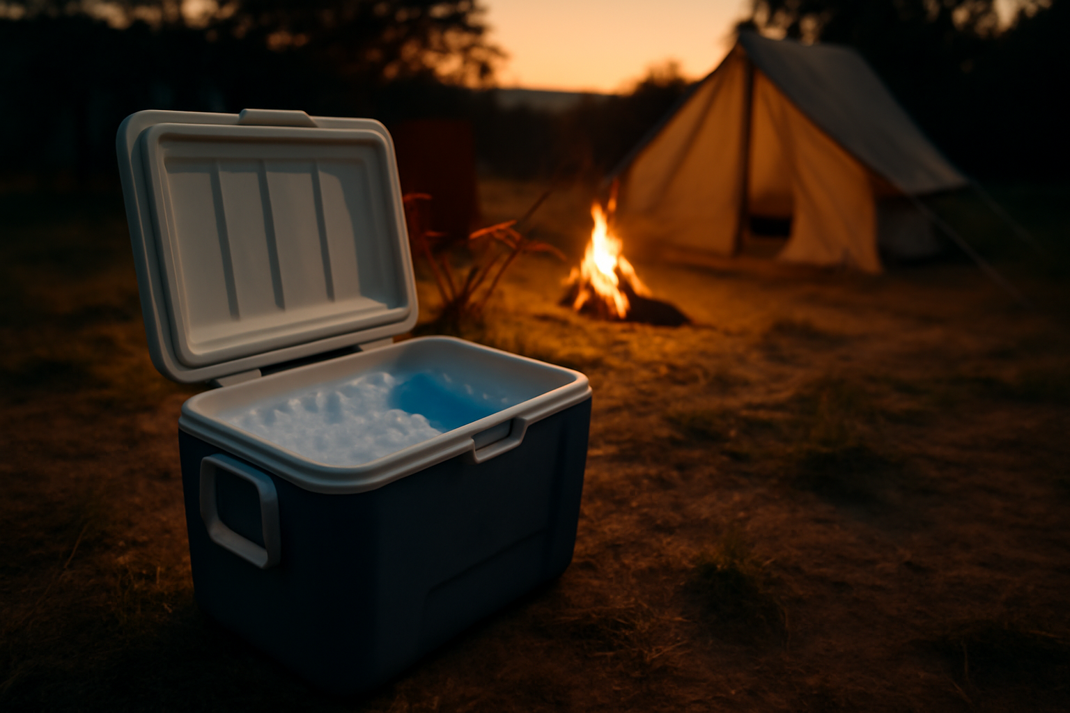 クーラーボックス:キャンプで氷と保冷材を使う様子を示した夕暮れの写真、実用的な配置が分かる。