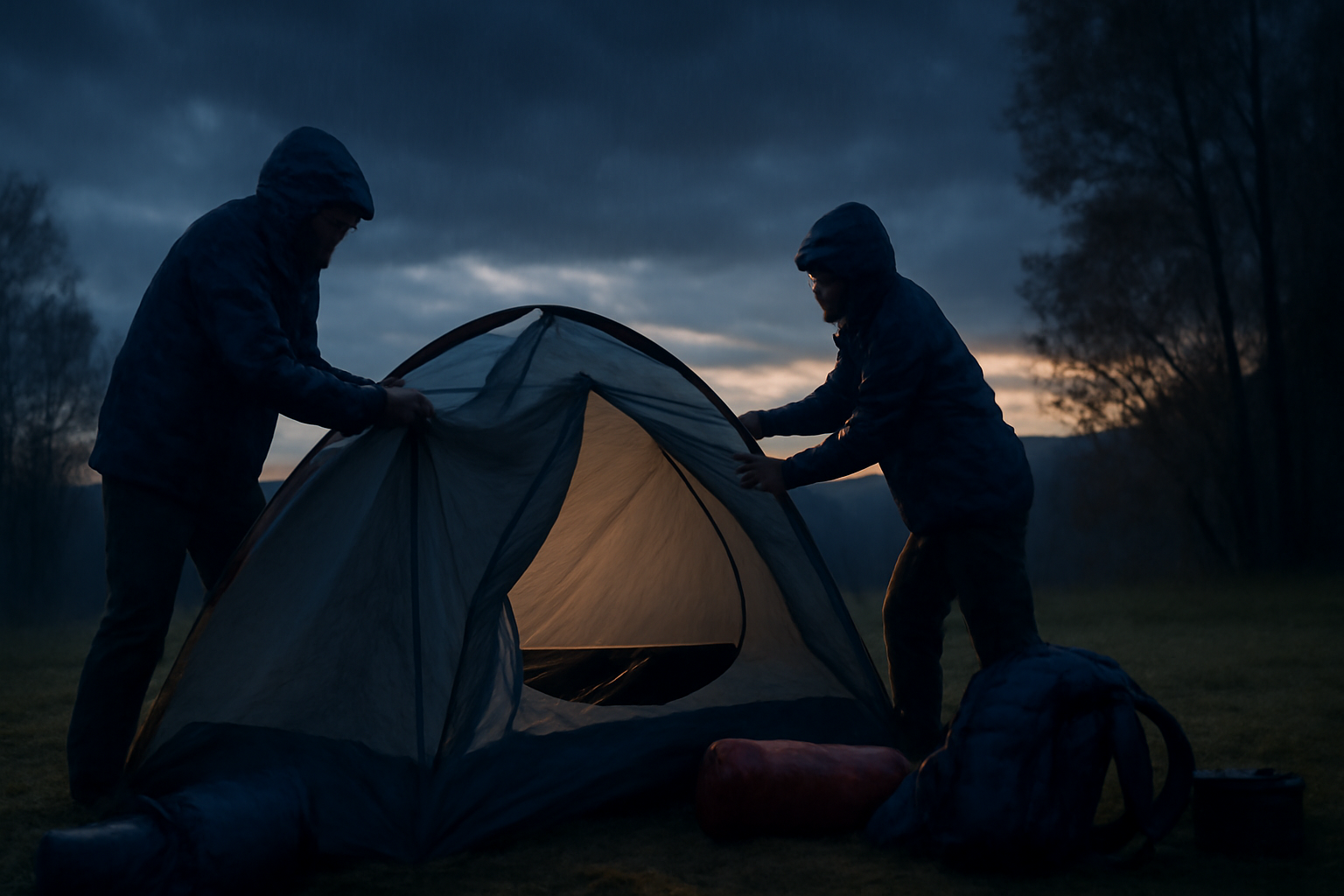 ブラフマン 撤収を選ぶ柔らかな夕暮れのキャンプ場で、雨支度をしながら荷物をまとめる様子を横長で捉えた写真
