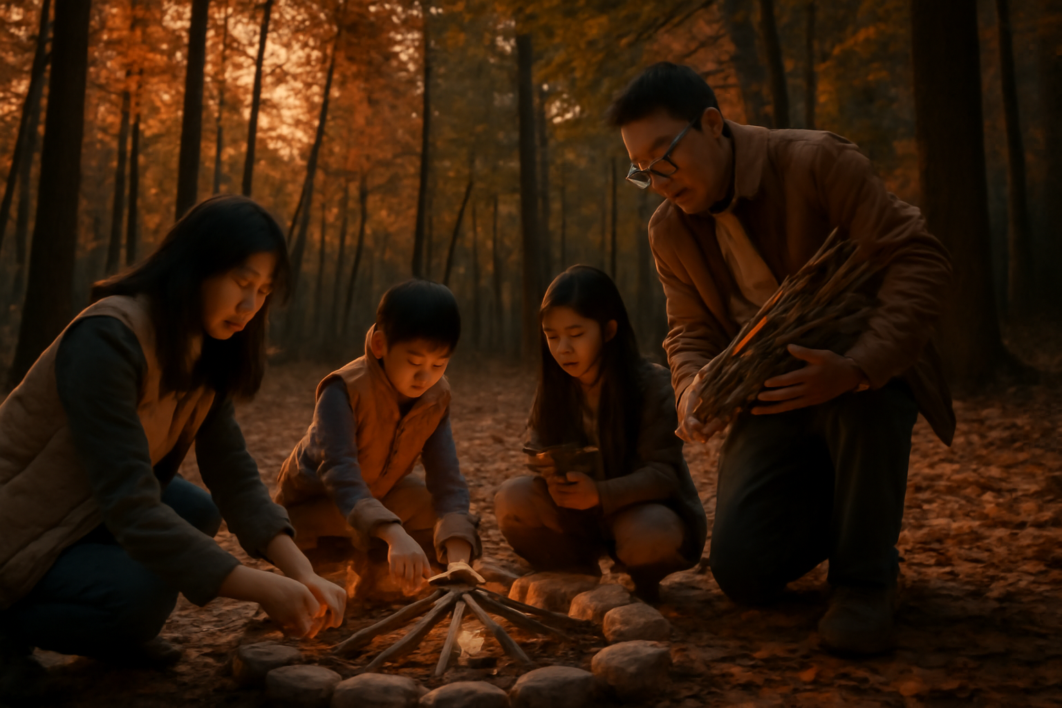 中国自然 親子が秋の森で焚き火の準備をする様子を広角で捉えた写真。安全に配慮した場面。