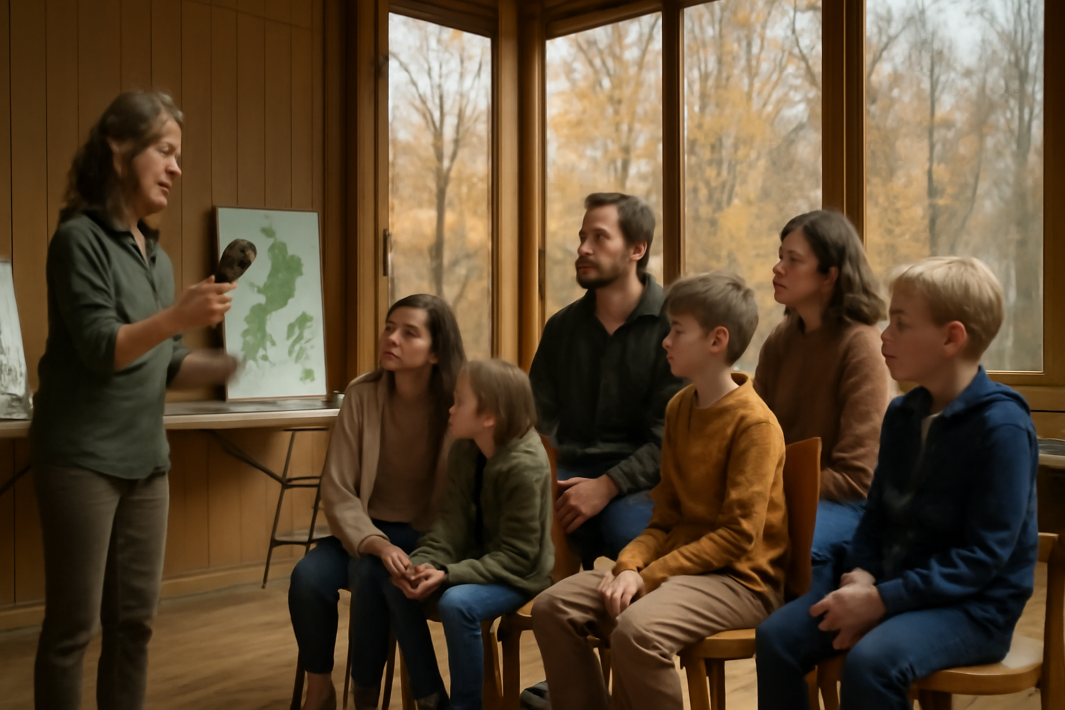 自然教育 屋内ワークショップへ切替える親子の様子、秋の午後に落ち着いて話す場面を表す写真