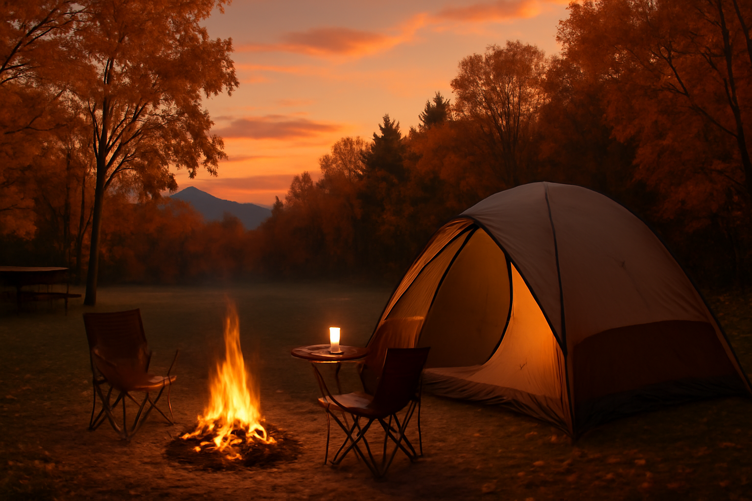 秋セット:天候や在庫に注意しつつ秋キャンプの1泊を予約した夕暮れのサイト風景。落ち着いた暖色の光が焚き火を照らす。
